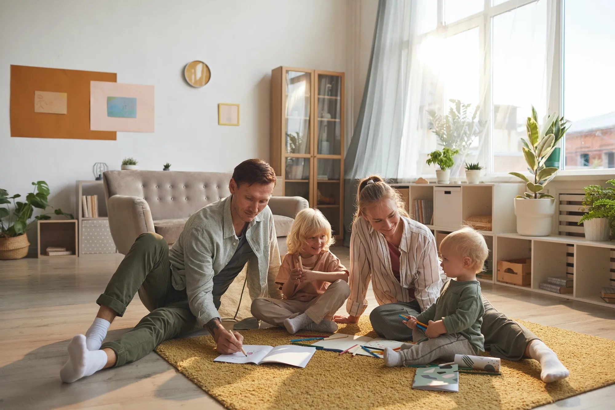 Family of four at home